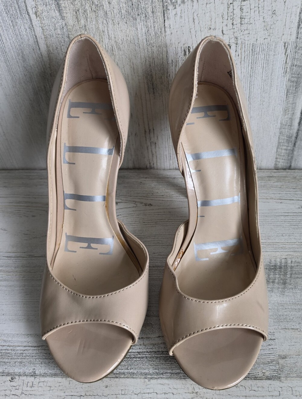 ELLE Womens 7.5 Nude Patent Peep Toe Stiletto Heels D'Orsay Pumps Sexy